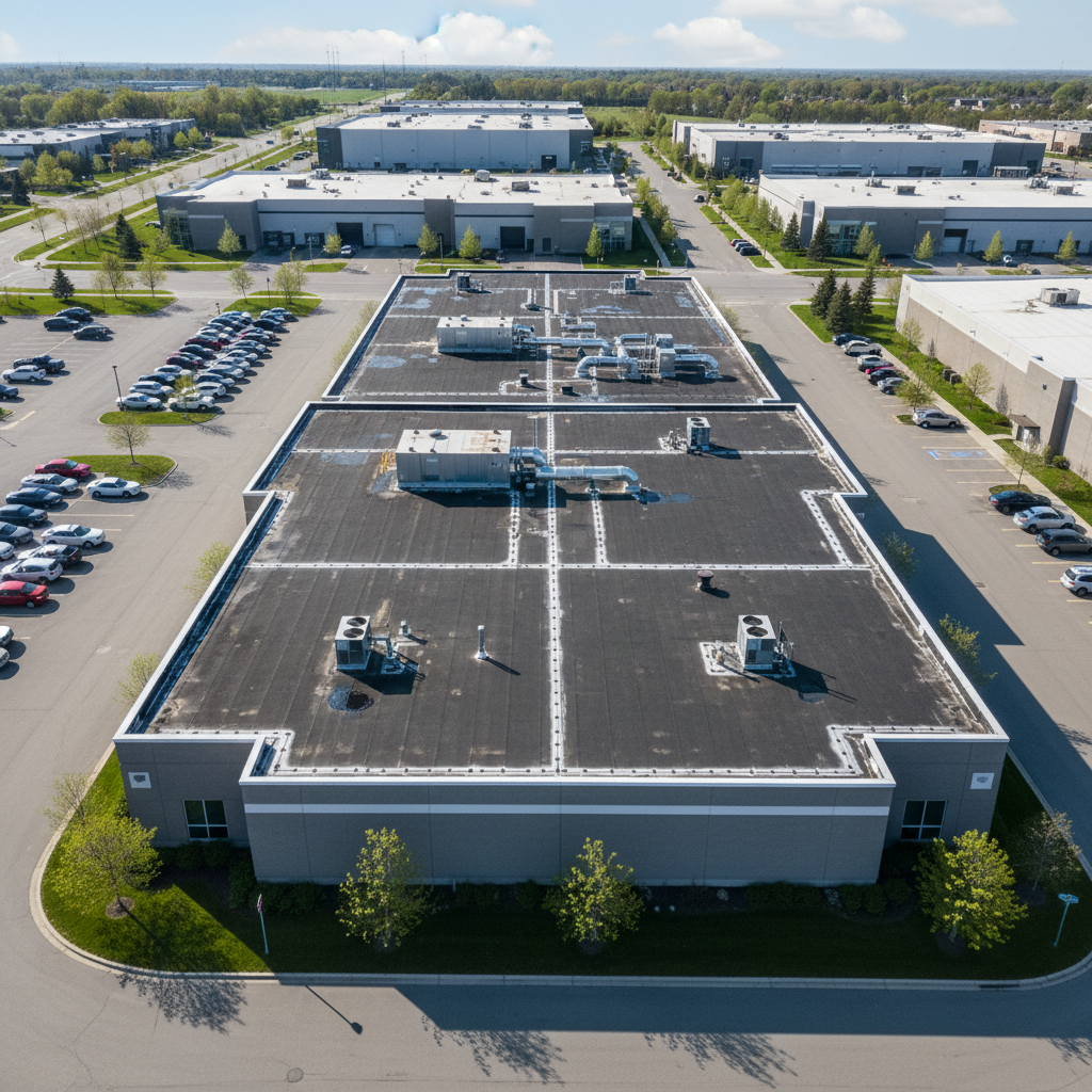Aerial view of commercial flat roof building in Durham Region Ontario