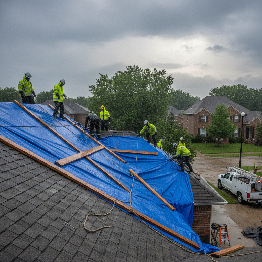Emergency roof repair crew applying blue tarp on damaged roof in Ajax