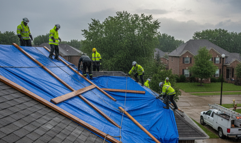 Emergency roof repair crew applying blue tarp on damaged roof in Ajax