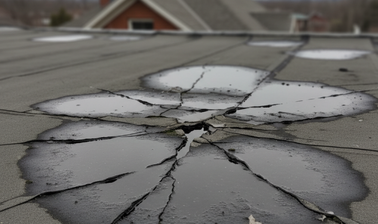Damaged flat roof membrane with ponding water in Ajax Ontario
