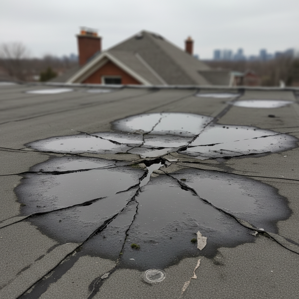 Damaged flat roof membrane with ponding water in Ajax Ontario