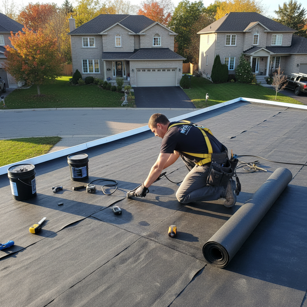 Professional roofer applying new flat roof membrane in Ajax
