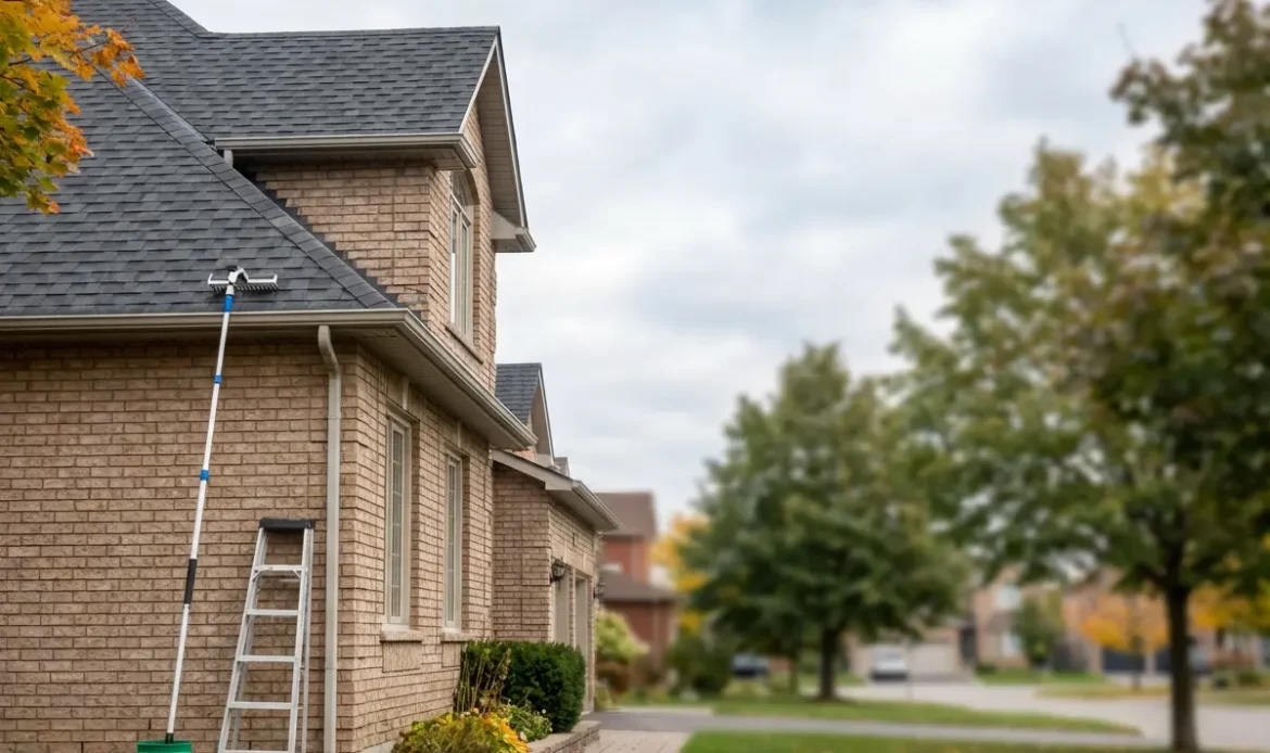 Metro Roofing team cleaning gutters on an Ajax home