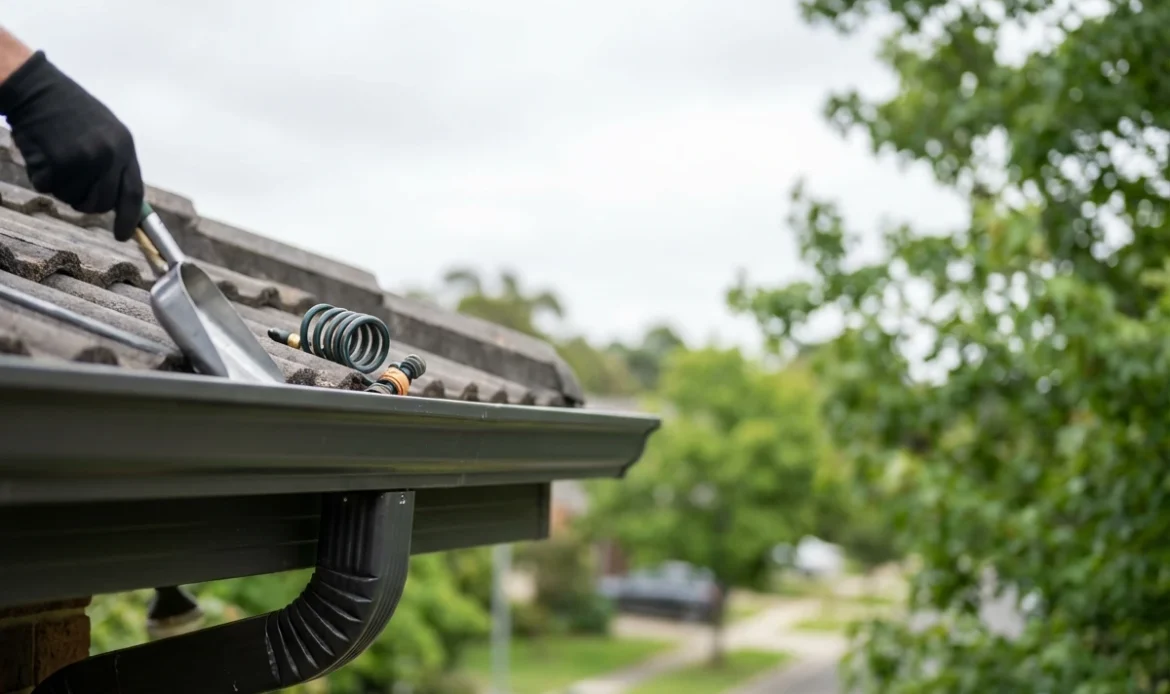 Metro Roofing technician inspecting gutters on an Ajax home