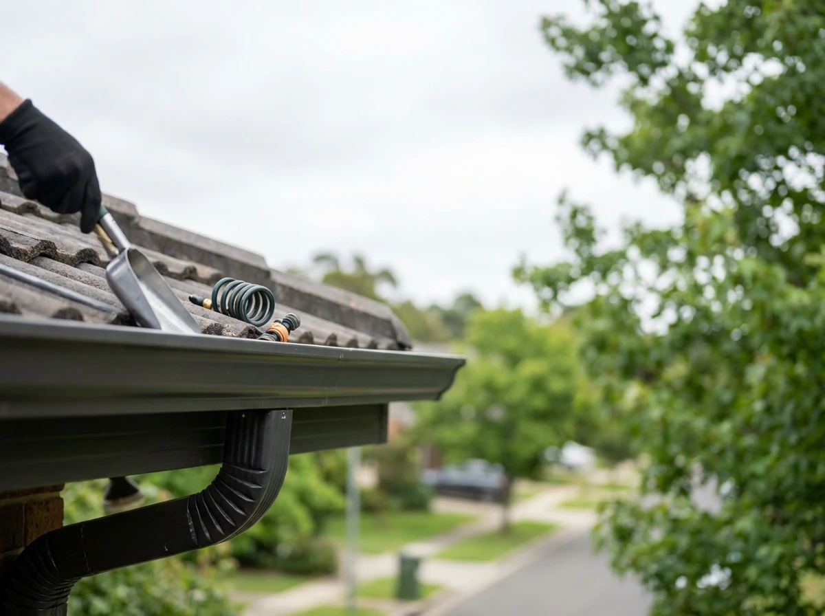 Metro Roofing technician inspecting gutters on an Ajax home